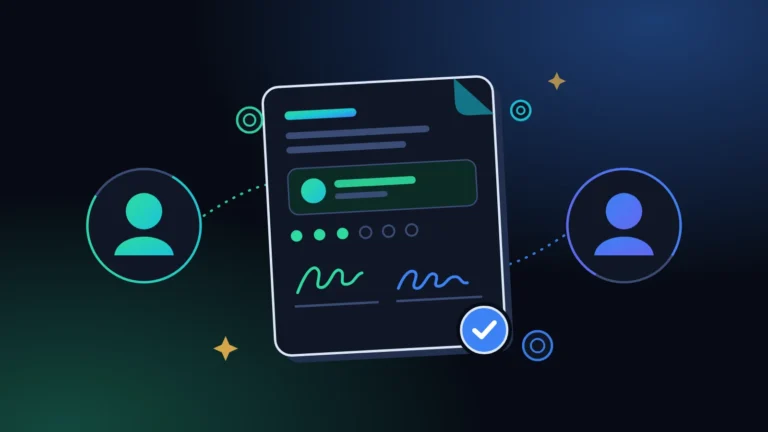 How to lend money to a friend: two people connected by a signed agreement card with a blue verified tick, on a midnight background with mint and blue light