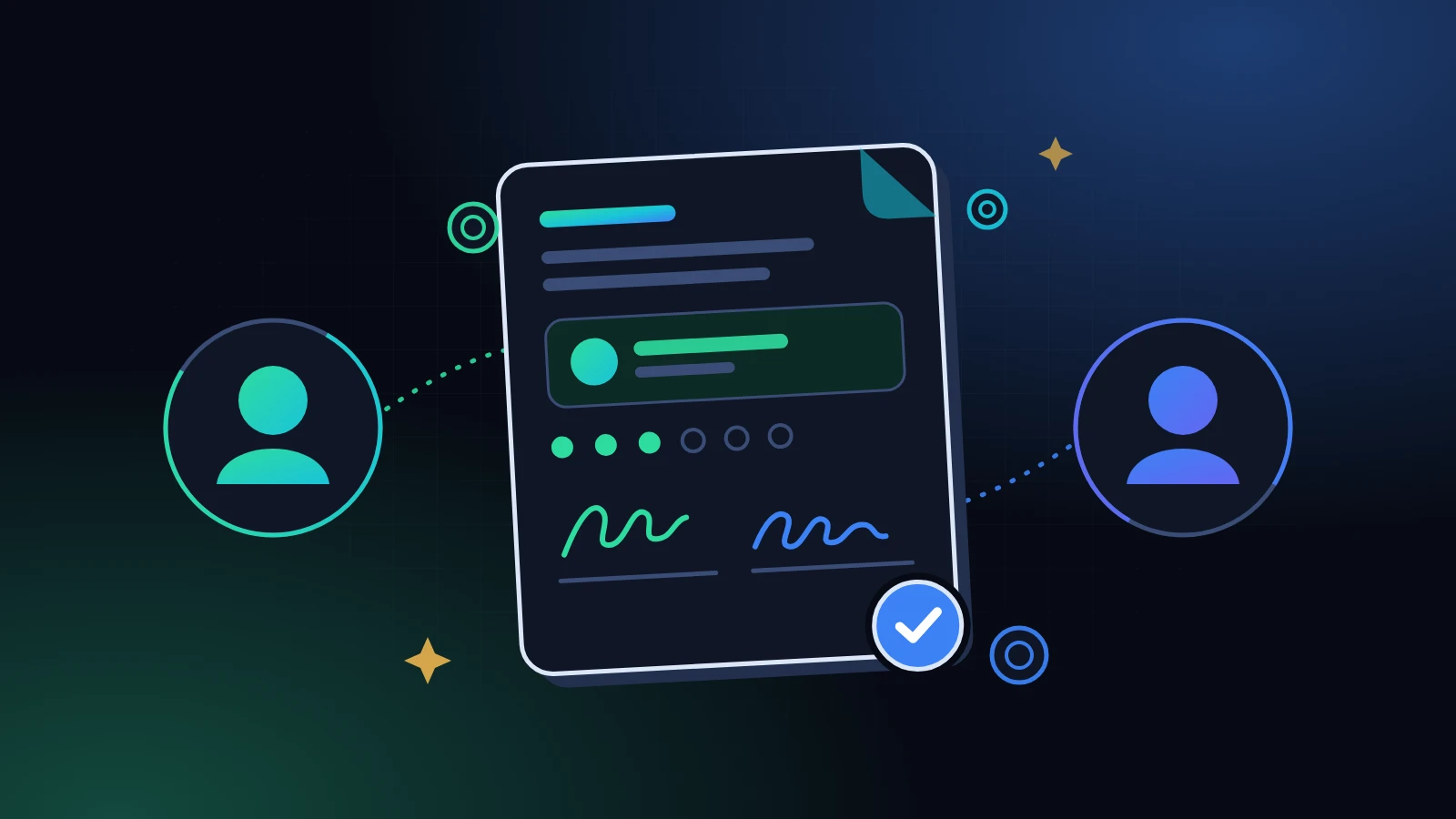 How to lend money to a friend: two people connected by a signed agreement card with a blue verified tick, on a midnight background with mint and blue light