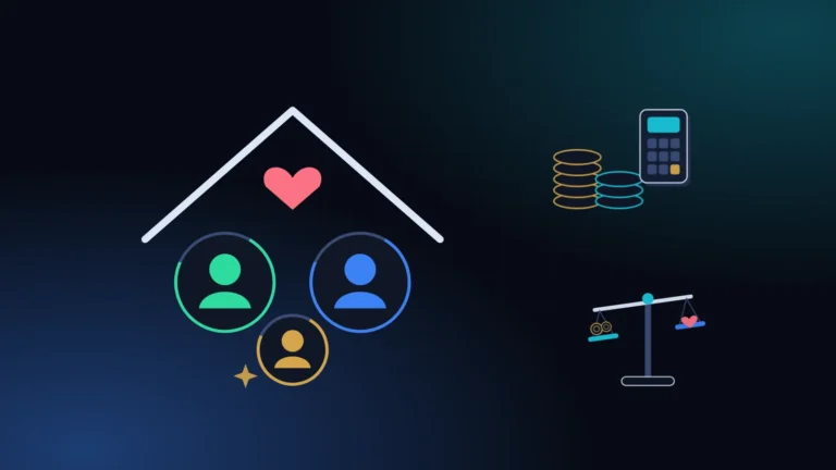 Three family members under a roof with a pink heart, beside stacked coins, a calculator and balance scales, on a midnight grid background with teal light, weighing whether to lend money to family