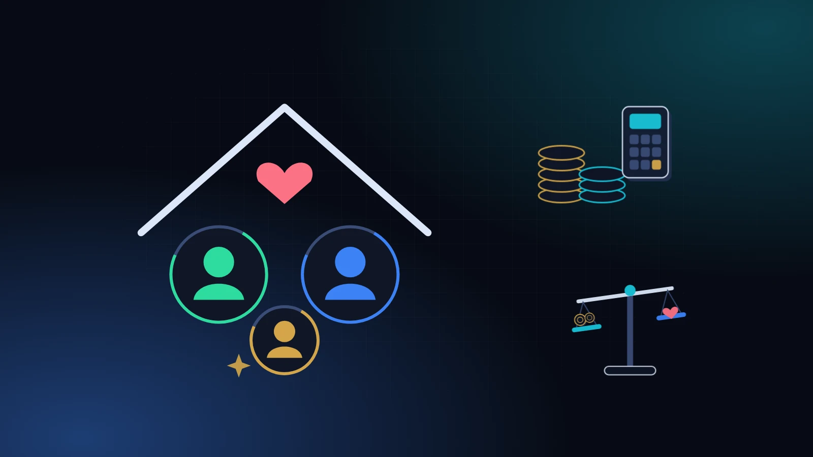 Three family members under a roof with a pink heart, beside stacked coins, a calculator and balance scales, on a midnight grid background with teal light, weighing whether to lend money to family