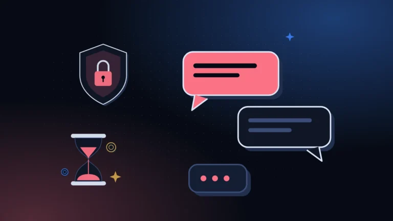 A rose chat bubble and a reply bubble beside a shield with a padlock and an hourglass, on a dotted midnight background with rose and blue light, a calm way to say no to lending money
