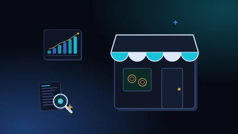 A small shop with a teal awning and coins in the window, a rising bar chart and a magnifying glass over a document, on a dotted midnight background, before lending money to a friend's business