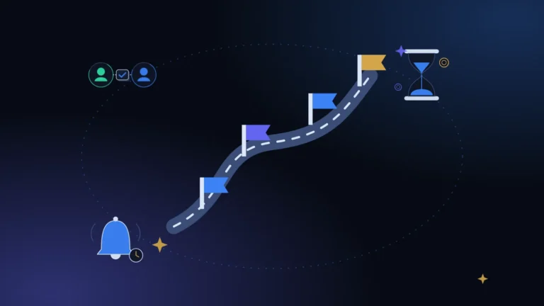 A winding road with flags toward a gold finish, with two connected people, a bell and an hourglass around it, on a midnight background with blue light, for when a friend can't pay you back