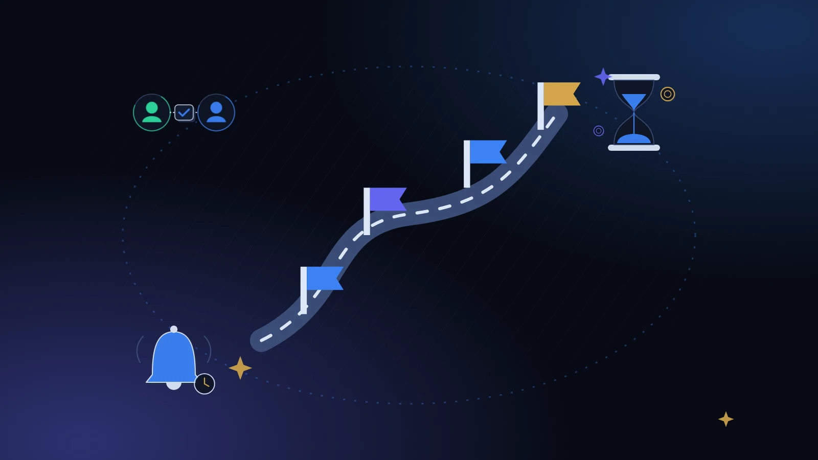 A winding road with flags toward a gold finish, with two connected people, a bell and an hourglass around it, on a midnight background with blue light, for when a friend can't pay you back