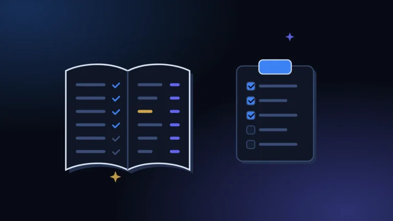IOU vs promissory note shown as an open ledger beside a clipboard, side by side on a midnight background with blue light and a faint grid