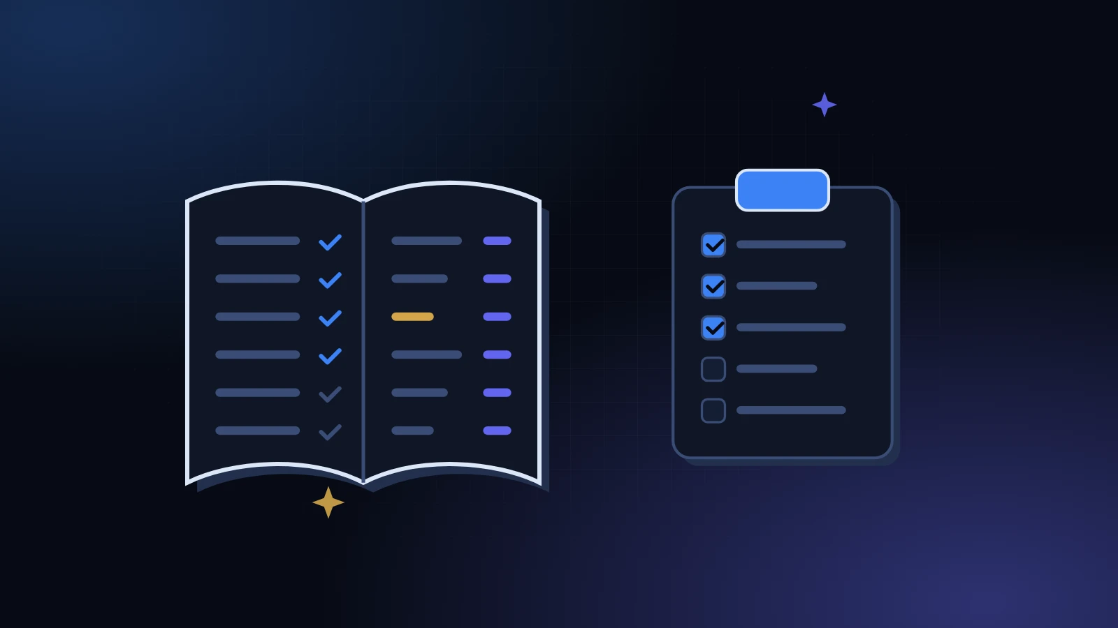 IOU vs promissory note shown as an open ledger beside a clipboard, side by side on a midnight background with blue light and a faint grid