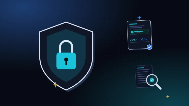 A stronger IOU pictured as a large shield on the left with a signed agreement and a magnifying glass, on a midnight background with teal light and dots