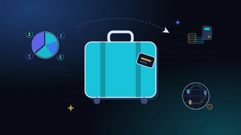 A teal suitcase at the center with a pie chart of four people, a globe with map pins, and gold coins beside a calculator, to split trip costs fairly, on a midnight background with teal light