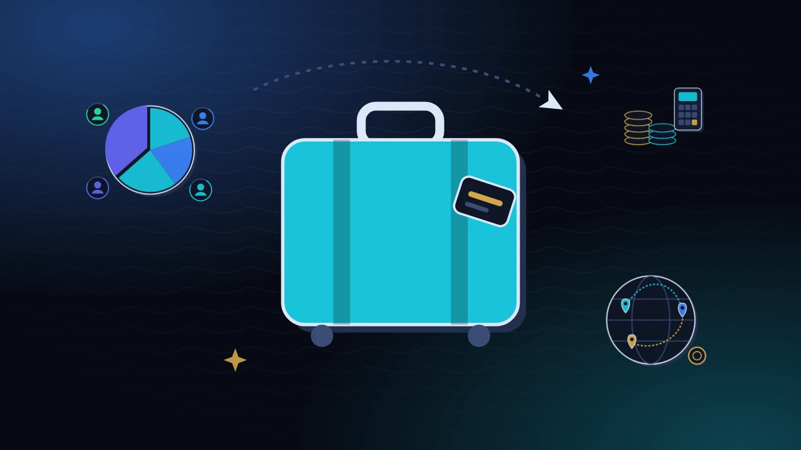 A teal suitcase at the center with a pie chart of four people, a globe with map pins, and gold coins beside a calculator, to split trip costs fairly, on a midnight background with teal light