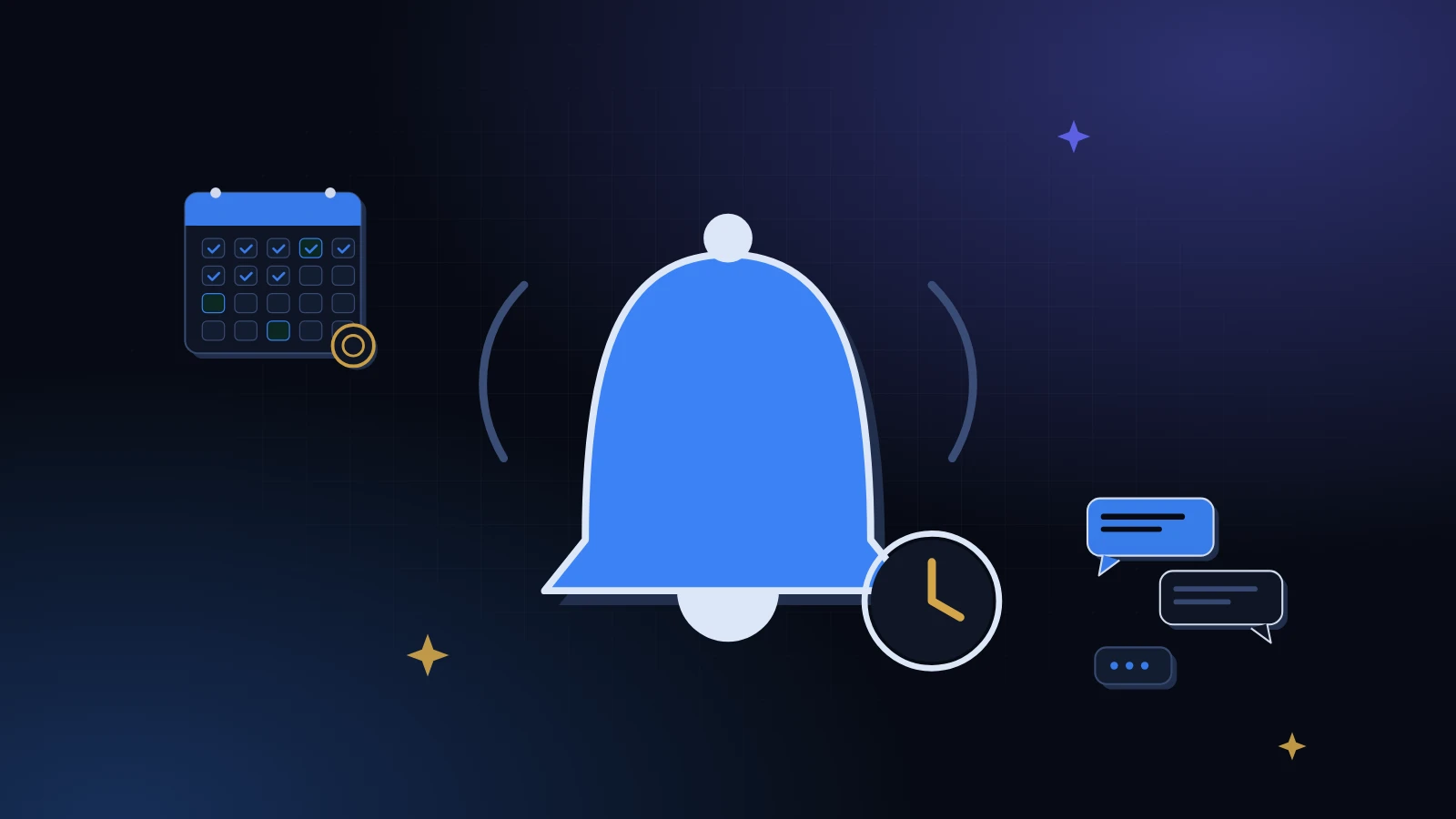 A large bell with a calendar and chat bubble beside it, centered on a midnight background with a blue grid and soft blue light, a picture of how to remind someone to pay you back