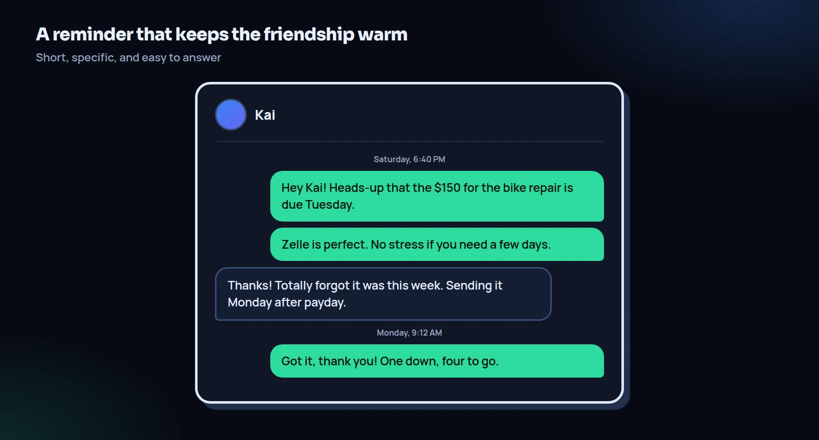 A phone chat in which Morgan reminds Kai that a $150 payment is due Tuesday, and Kai thanks them and pays on Monday
