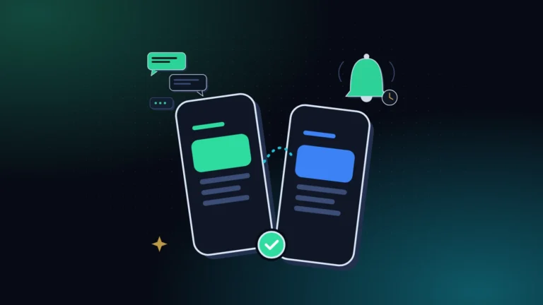 Two tilted phones joined by a green check mark, with chat bubbles and a ringing bell, on a midnight background with mint light and dots, illustrating how to ask for money back by text
