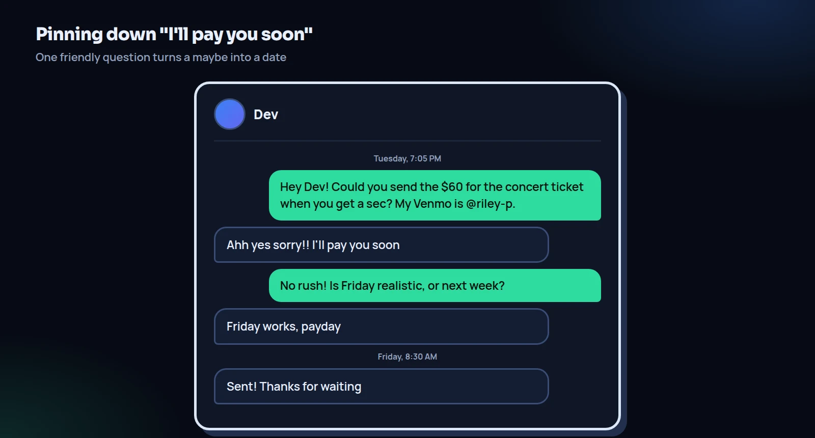 A chat in which Riley asks Dev for $60 for a concert ticket, Dev says they will pay soon, and Riley asks whether Friday works, which Dev confirms