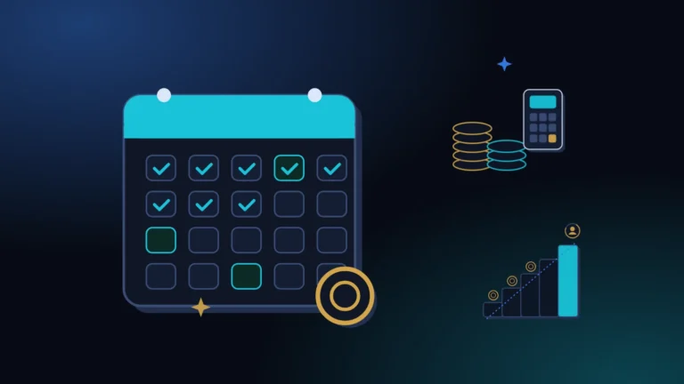 A large calendar with checked-off days on the left, gold coins, a calculator and a small staircase on the right, on a midnight background with teal light, illustrating an installment plan for a personal loan
