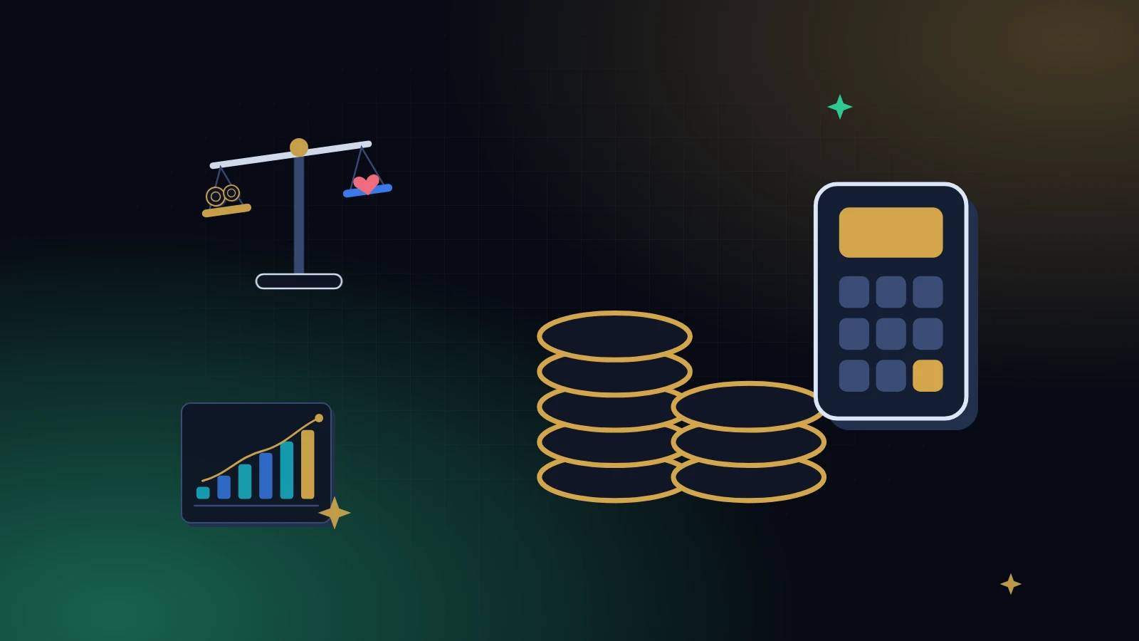 Stacks of gold coins and a calculator, a balance scale weighing coins against a heart and a small rising chart, on a midnight background with gold light, comparing simple interest vs flat fee