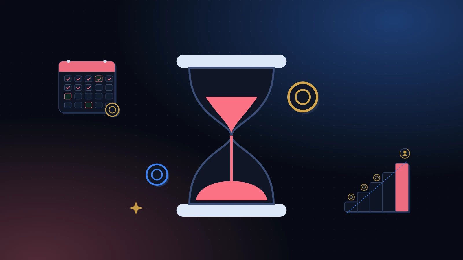 A large hourglass with rose sand in the center, a calendar and coins on one side and a small staircase on the other, on a midnight background with soft dots, about how to pay back a friend faster