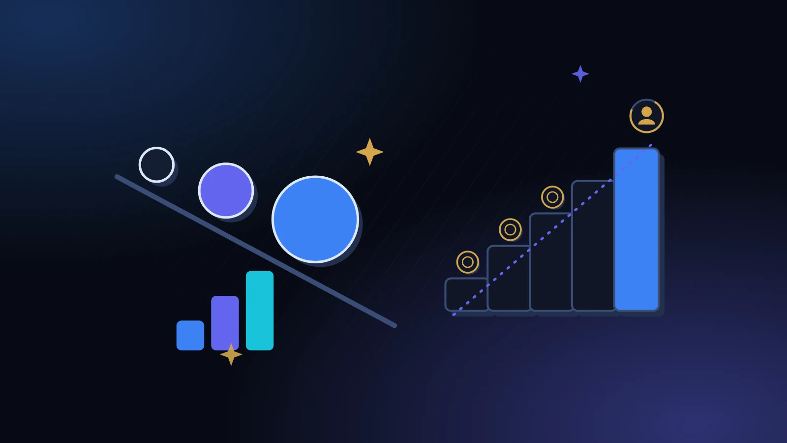 Snowballs of growing size rolling down a slope beside a staircase that climbs to a gold person icon, on a midnight background with blue light, comparing snowball vs avalanche debt payoff