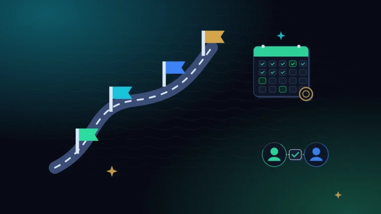 A winding road with colored flags, a calendar and two people joined by a check mark, on a midnight background with teal light and soft waves, about getting back on track after you missed a loan payment