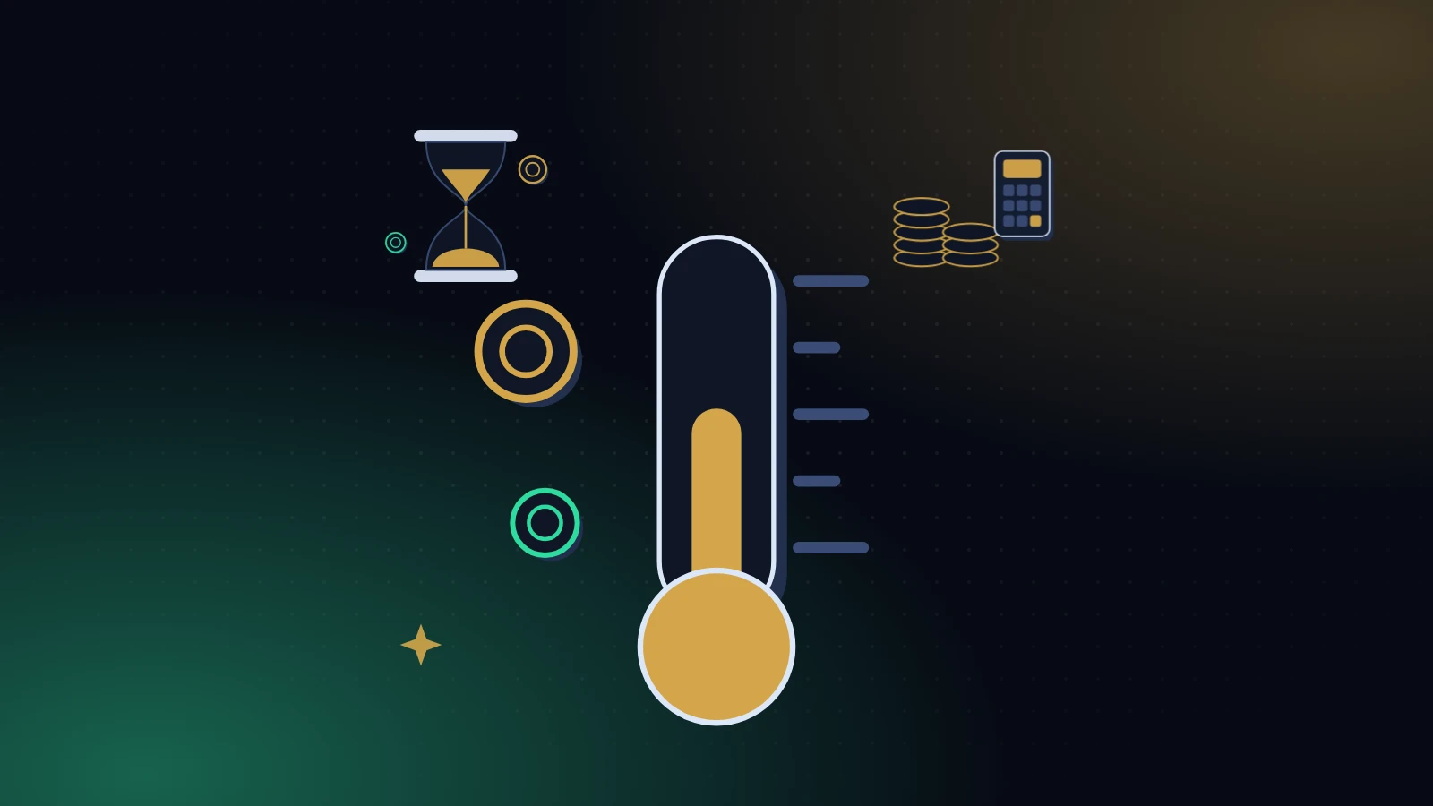 A gold thermometer with an hourglass, coins and a small calculator around it, on a midnight background with gold and green light, picturing how heated late fees between friends can get