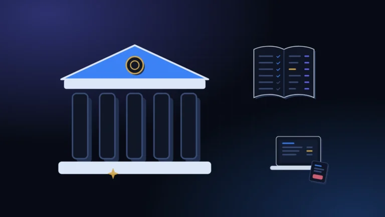 A small bank building beside an open ledger and a laptop on a midnight background with blue light, illustrating loan tracking for small lenders
