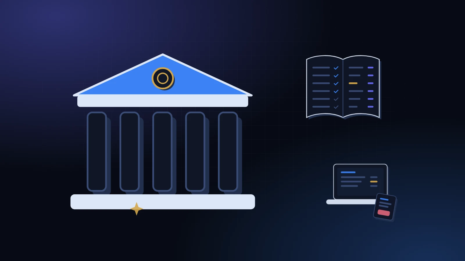 A small bank building beside an open ledger and a laptop on a midnight background with blue light, illustrating loan tracking for small lenders