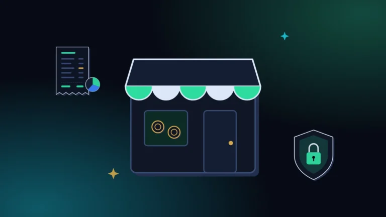 A small shopfront with a receipt and a shield in the center on a midnight background with mint light, a picture of safe store credit for customers