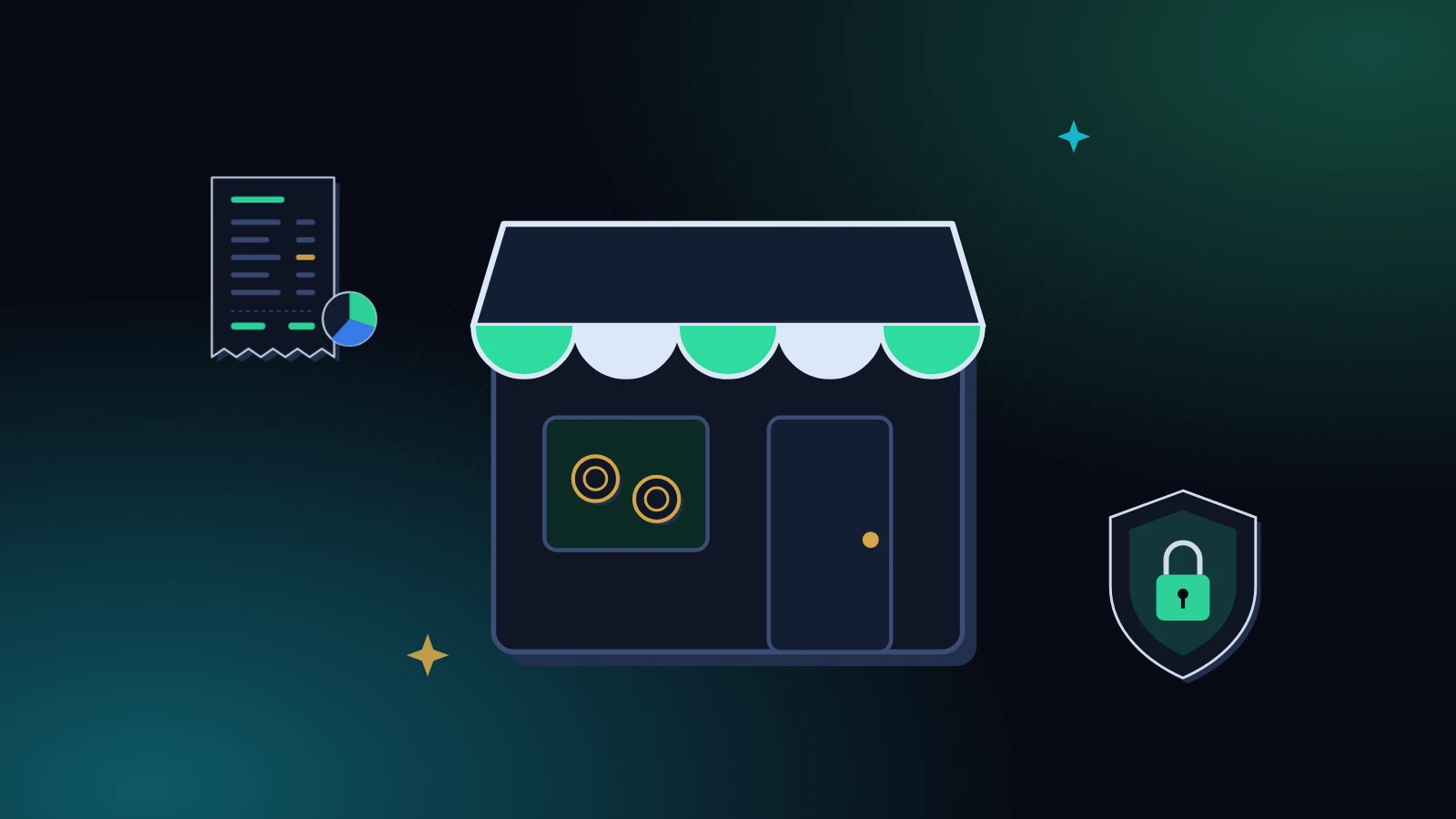 A small shopfront with a receipt and a shield in the center on a midnight background with mint light, a picture of safe store credit for customers