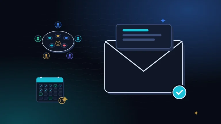 An envelope with a small table and a calendar on the right side of a midnight background with teal light, suggesting a customer statement template sent each month
