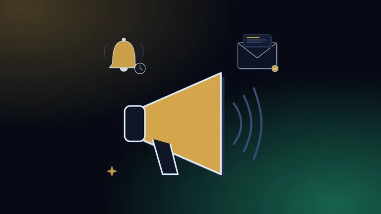 A megaphone stacked with a bell and an envelope on a midnight background with a gold glow, standing for payment reminders for small businesses