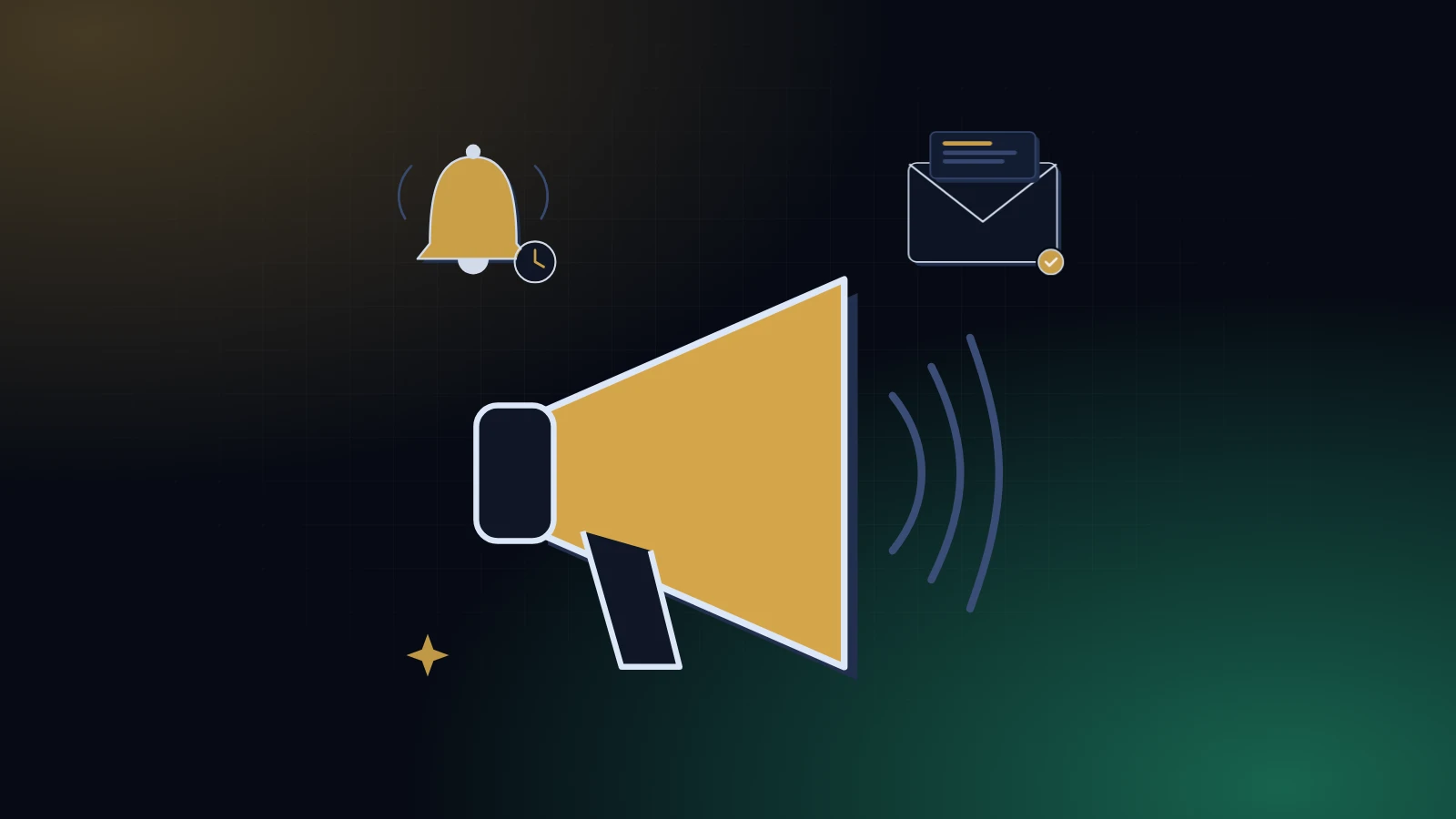 A megaphone stacked with a bell and an envelope on a midnight background with a gold glow, standing for payment reminders for small businesses