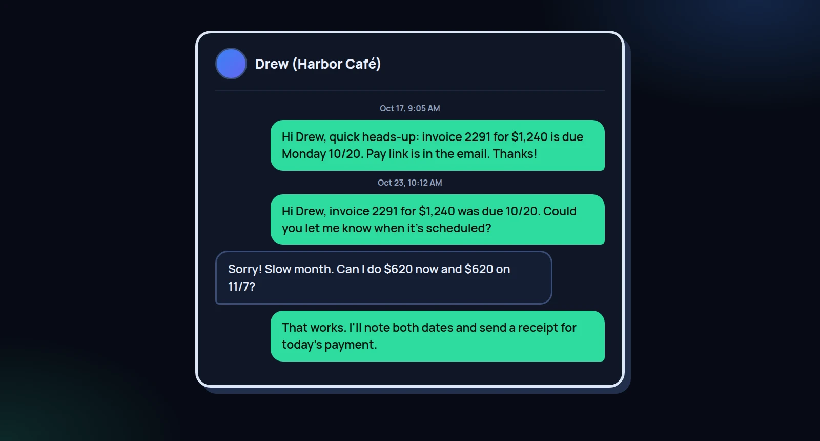Chat showing payment reminders for small businesses: a heads-up before the due date, a check-in three days late, and the customer proposing two payments of $620