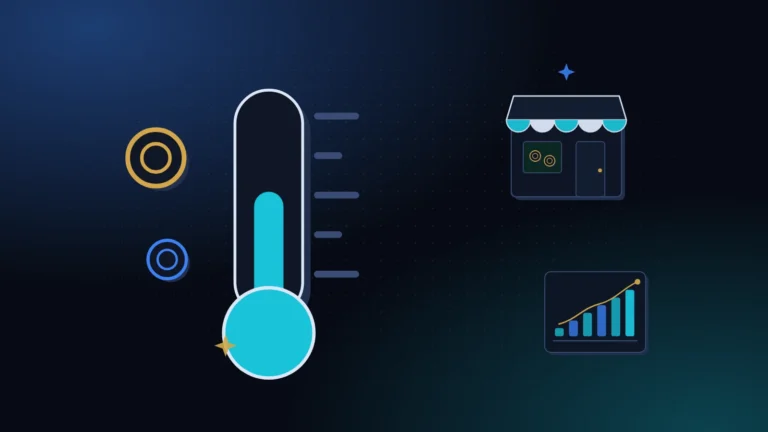 A thermometer beside a small store and a rising chart on the left of a midnight background with teal light, showing how to set credit limits for customers