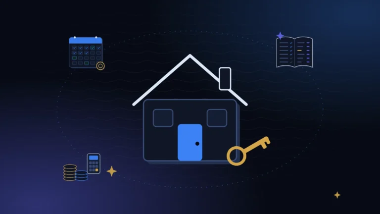 A house surrounded by an orbit of a calendar, a ledger and coins on a midnight background with blue light, illustrating how landlords track rent payments