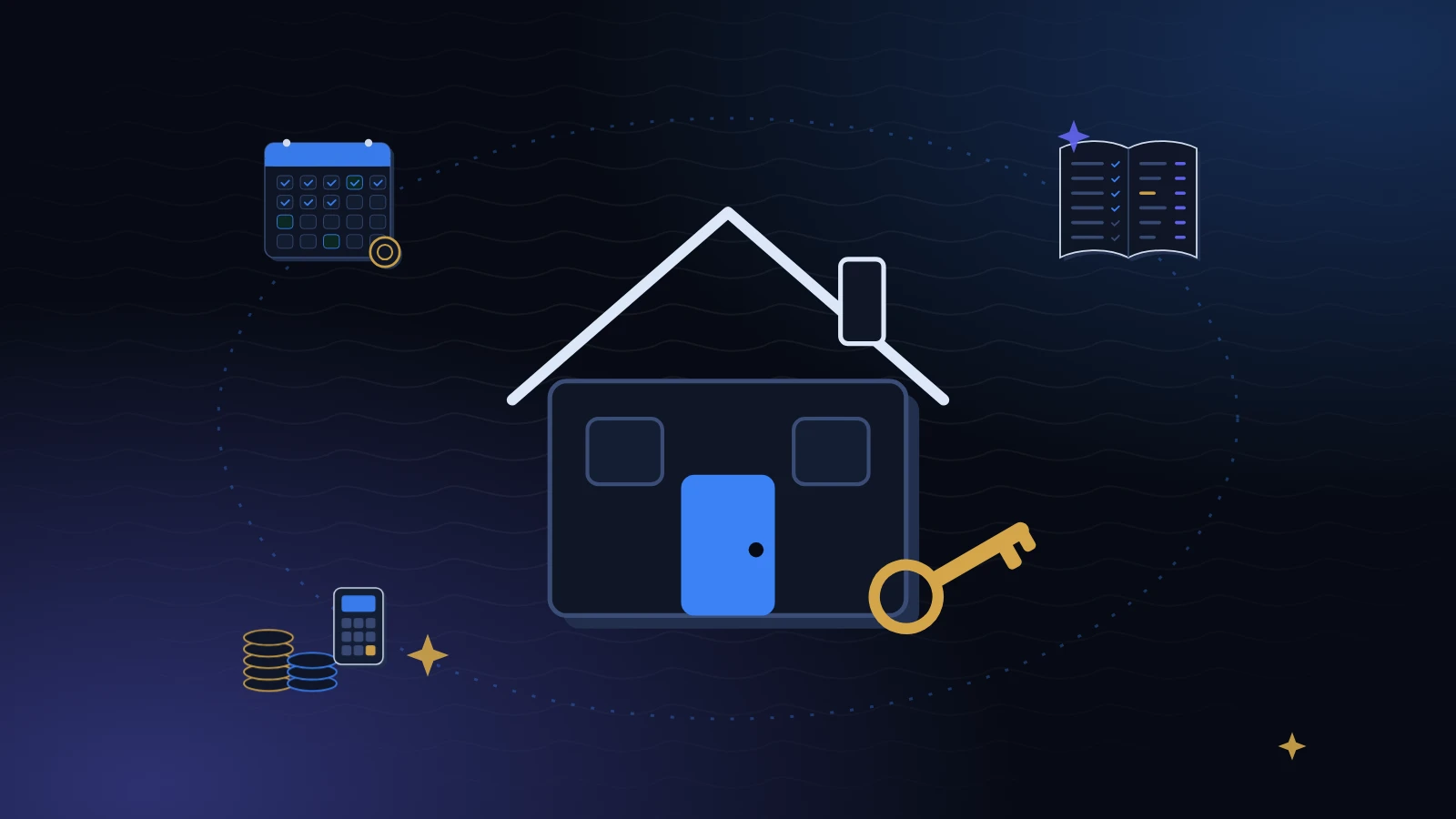 A house surrounded by an orbit of a calendar, a ledger and coins on a midnight background with blue light, illustrating how landlords track rent payments