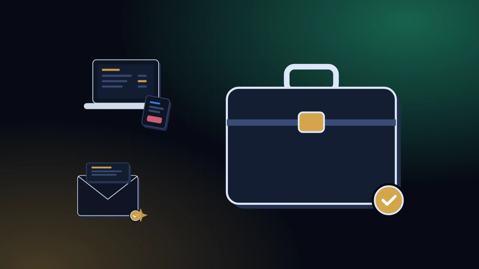 A briefcase with a laptop and an envelope on the right of a midnight background with a gold glow, about freelancers chasing unpaid invoices