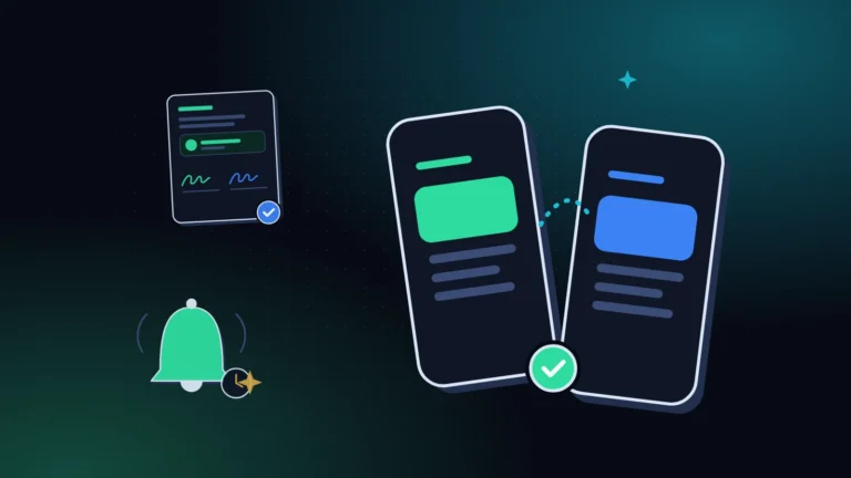 Two phones sharing a signed agreement card and a notification bell, set on the right of a midnight background with mint light, the IOUEZ app in use