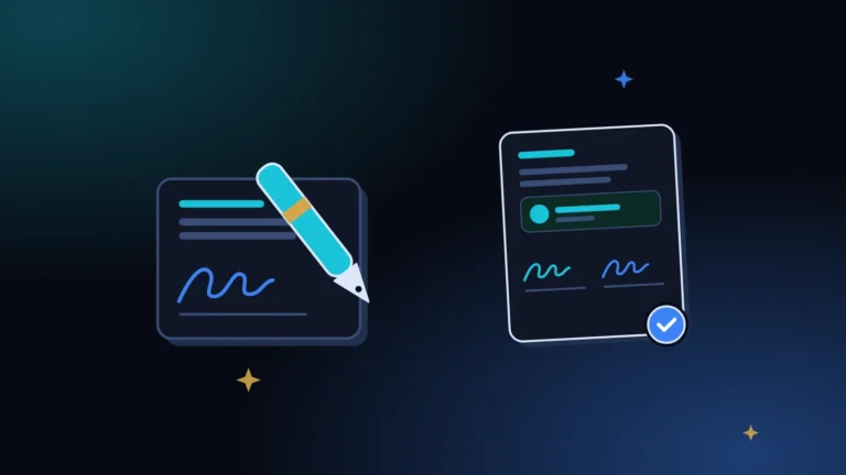 A pen beside a signed agreement card with a blue verified tick, two objects side by side on a midnight background with teal light, ready to sign a loan agreement online