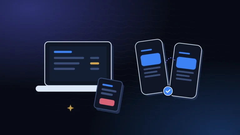 A laptop and two phones side by side showing the same agreement, on a midnight background with blue light, the IOUEZ web app next to the Android app