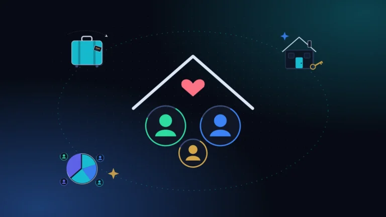 A family group in the center with a suitcase, a house and a pie chart orbiting around them on a midnight background with teal light, a group expense tracker scene