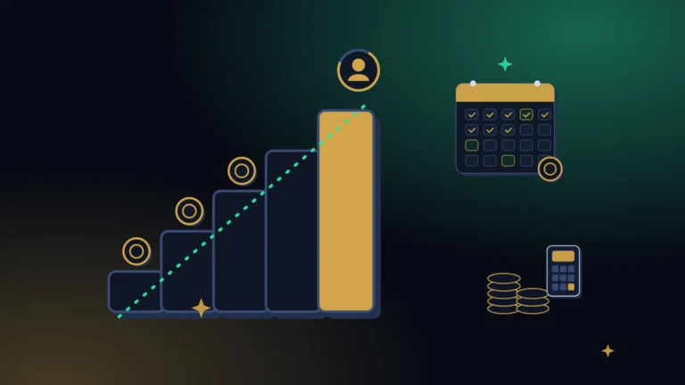 A staircase rising from the left with a calendar and stacked coins on a midnight background with gold light, a picture of how to set up an installment plan