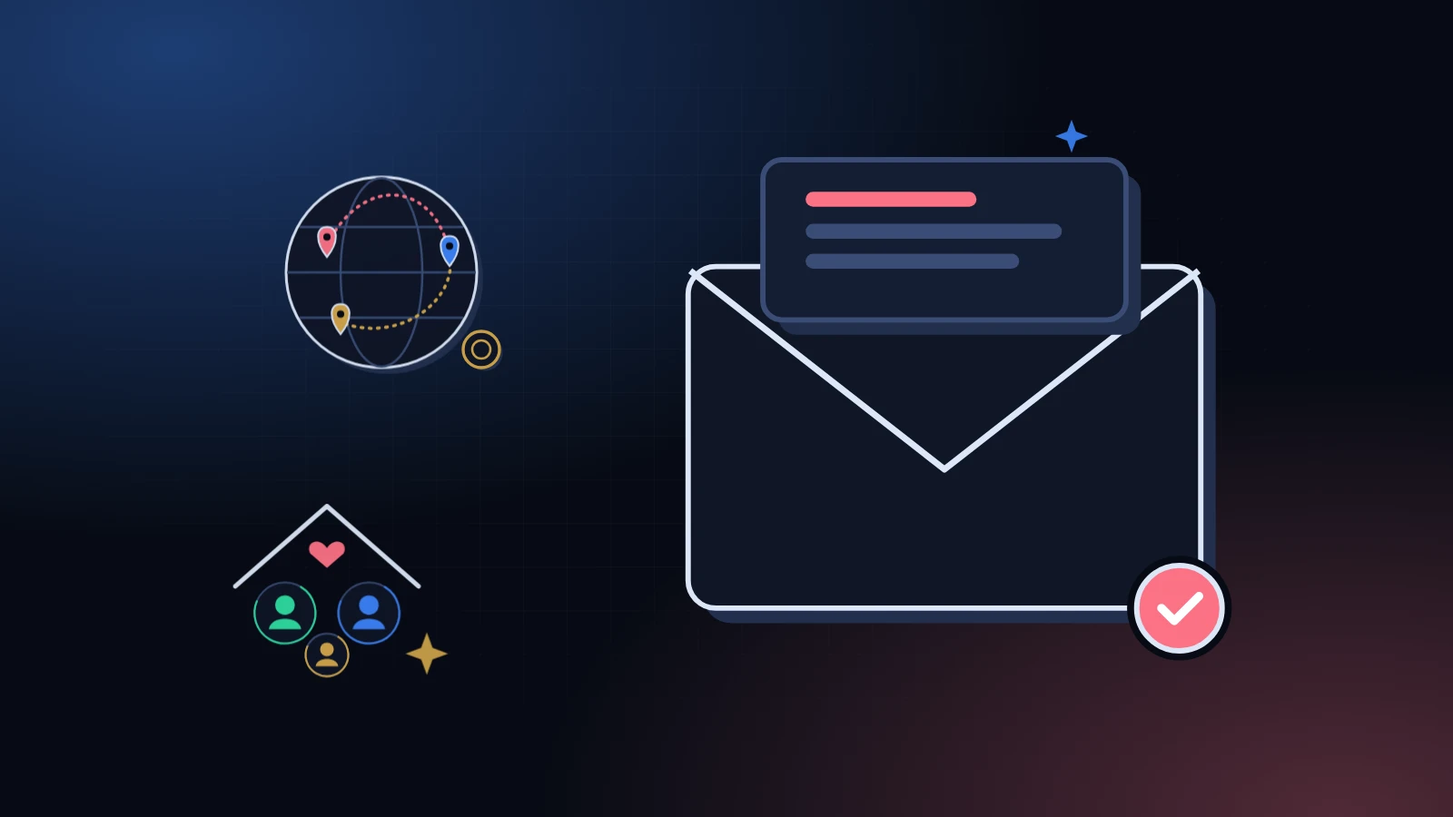 An envelope on the right with a globe and a family group beside it on a midnight background with rose light, a picture of how to track money sent home