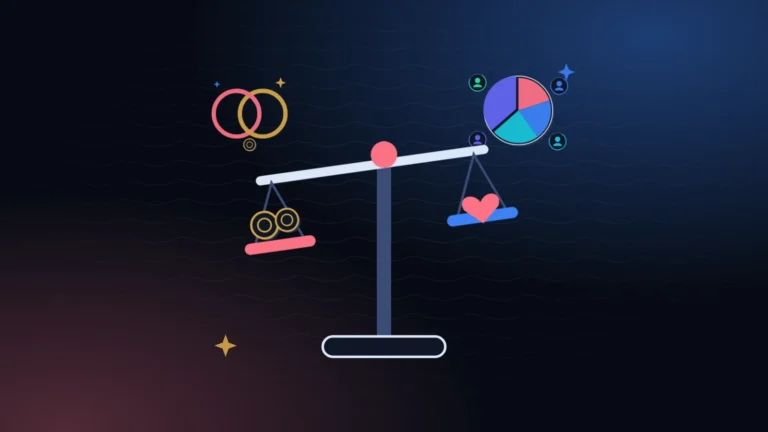 A balance scale holding coins and a heart, with linked rings and a pie chart above, for couples deciding how to split expenses as a couple, on a midnight background with rose light